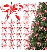 Classic Red &amp; White Christmas Bow Ornaments for Tree Decor, 24 Pcs | Candy Cane Bow Decorations i...