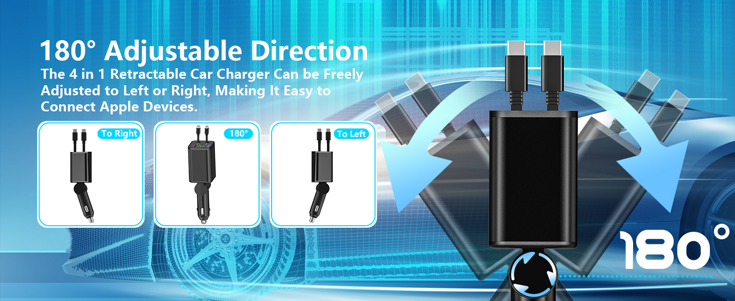 Retractable Car Charger USB C 120W USB C Car Charger 4-IN-1 PD/QC Power Cigarette Lighter Adapter