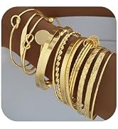 FAXHION Gold Bangle Bracelets for Women, 14 Pcs Multi Layer Stackable Cuff Bracelet Set, Trendy T...