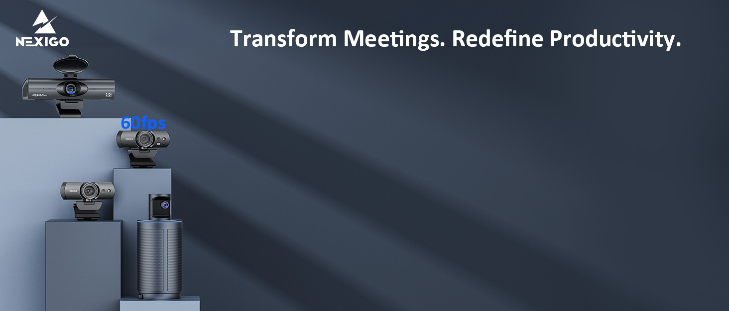 On the left side of the background image, four NexiGo webcams are placed on a table.