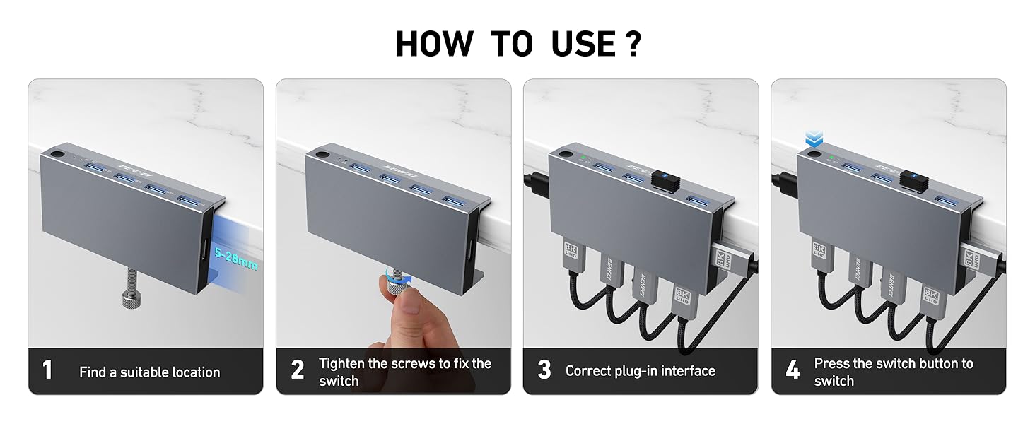 Step-by-step instruction guide showing installation of a gray electronic device with multiple ports and connectors across four panels.
