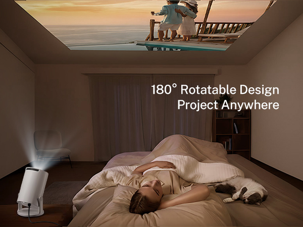 Text reads '180° Rotatable Design' and 'Project Anywhere'. Interior room scenes showing projection capability in different positions and angles.