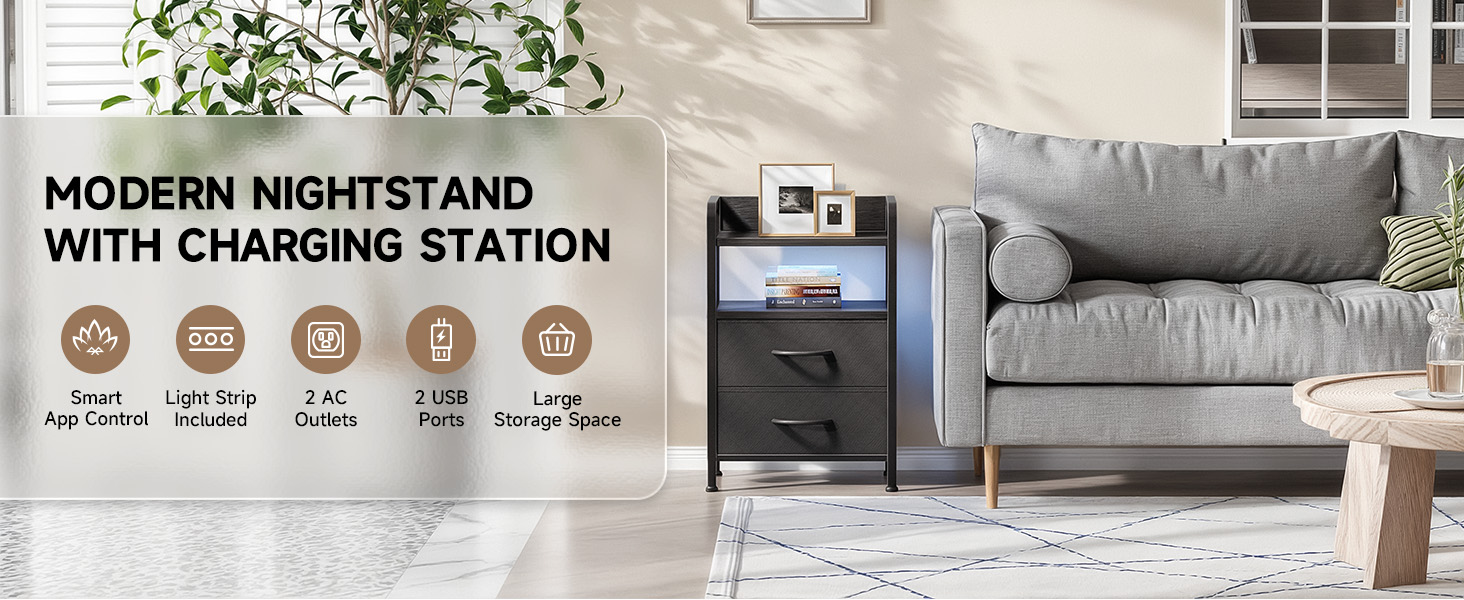 black night stand with charging station