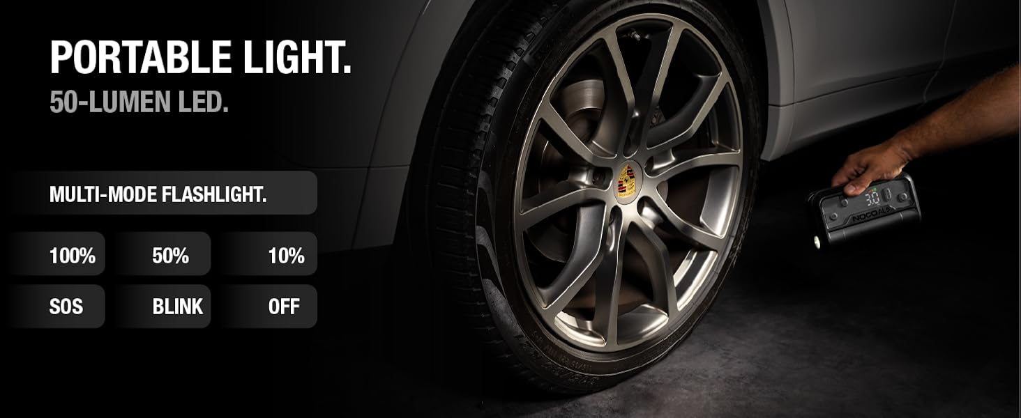 portable tire inflator air compressor with integrated 50 lumen led flashlight emergency sos mode