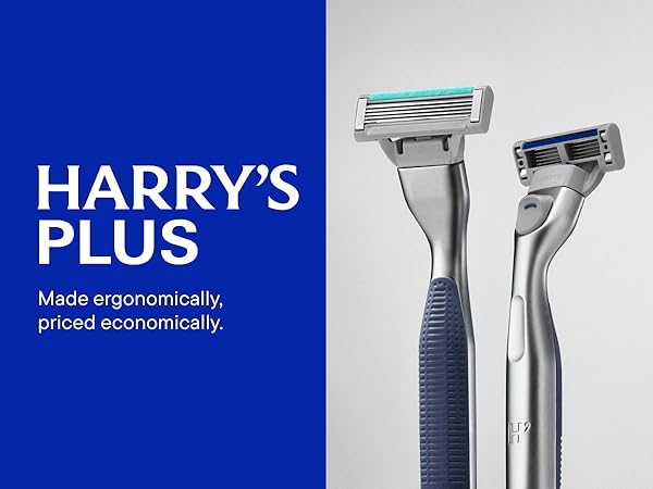 Two Harrys PLUS razors with ergonomic grips shown with text Made ergonomically, priced economically