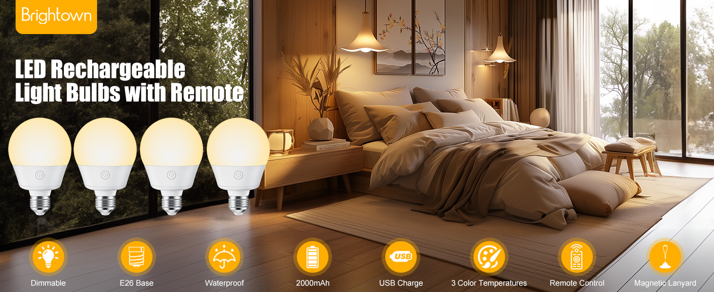 Brightown E26 Rechargeable Light Bulb with Remote
