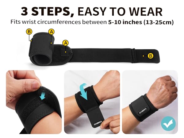 Black wrist support with adjustable strap. Three-step instruction for wear: slide on, wrap, and secure. Fits wrist circumferences 5-10 inches (13-25cm). Demonstrated on a person's wrist and hand.