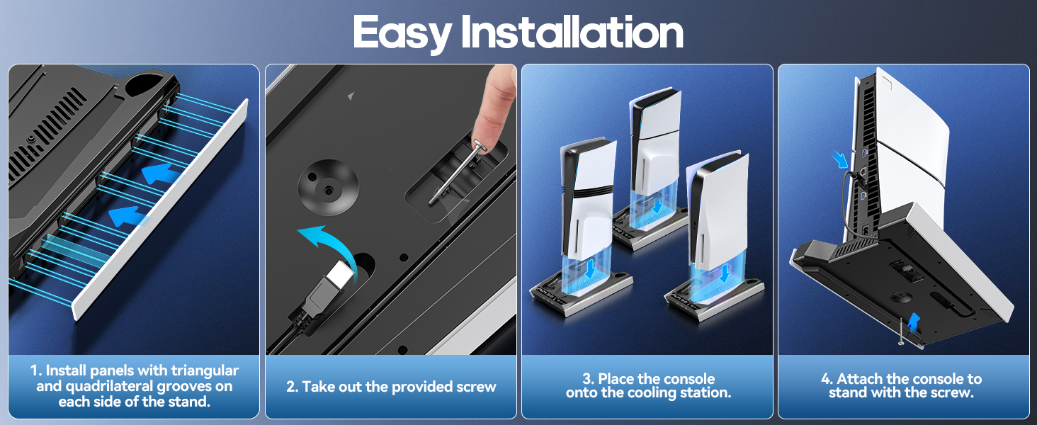 Step-by-step installation guide showing mounting process for a bracket system, with four progressive blue-tinted instruction panels.