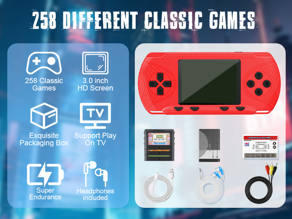 Handheld Game Console for Kids Adults- 258 Retro Video Games