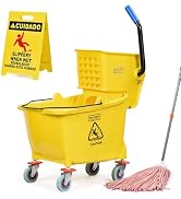 Matthew Cleaning 34 Quart Commercial Mop Bucket INCL.Wet String Mop with Side Press Wringer On Wh...