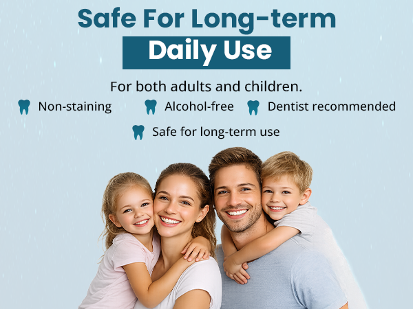Alcohol-free fluoride mouth rinse for daily family use with non-staining mint formula