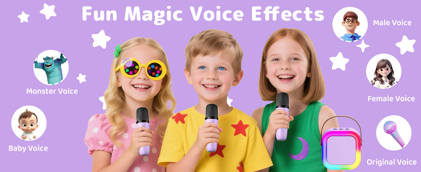 Text reads 'Fun Magic Voice Effects'. Purple-themed banner with cartoon character icons and star decorations, showing interactive elements.