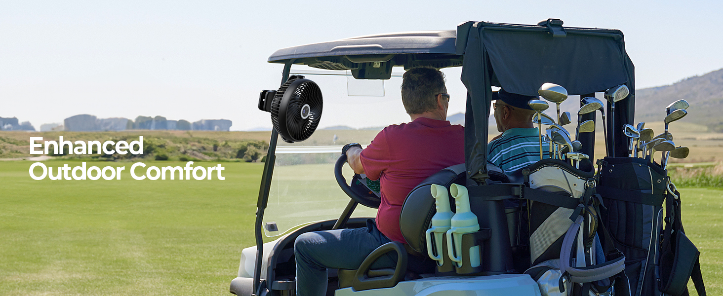 Golf cart driving on grassy course with two occupants. Text overlay reads 'Enhanced Outdoor Comfort' in white letters.