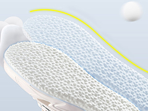 Close-up detail of white shoe insoles or soles with textured mesh pattern and yellow accent trim along the edge.