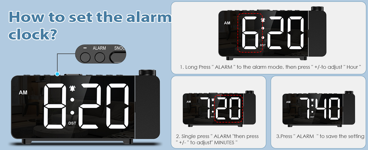 Projection Alarm Clocks for Bedrooms, Large LED Display Digital Clock with 180° Rotatable Projector