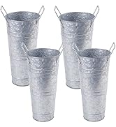 ZOOFOX Set of 4 Galvanized Metal Vases, 9" Farmhouse French Bucket with Handles, Rustic Style Met...