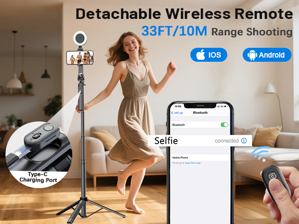 selfie stick tripod with detachable wireless remote for iphone, phone tripod stand
