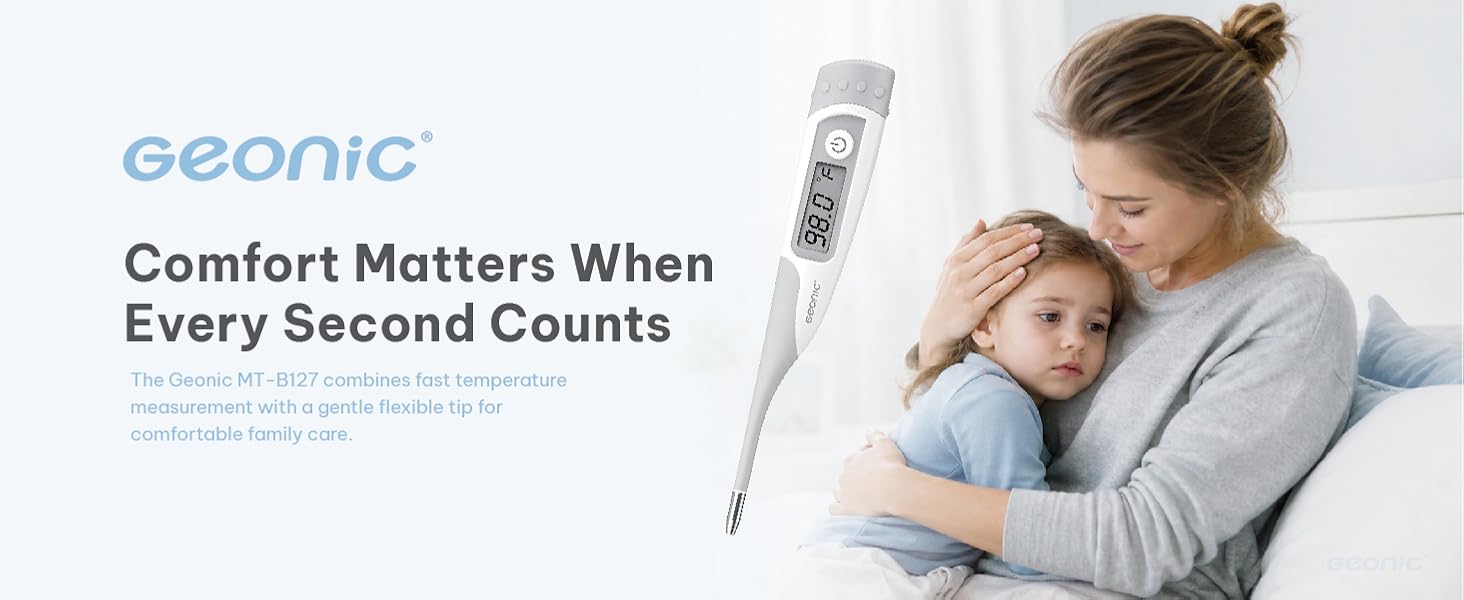 GEONIC B127 digital thermometer featuring a flexible tip, fever alert, and easy-to-read display.