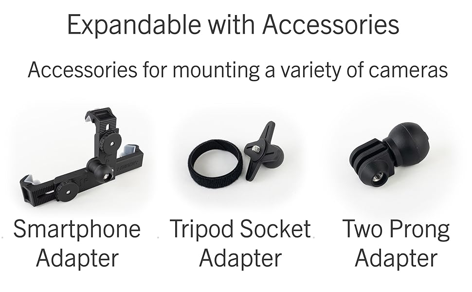expandable with accessories for mounting smartphones and action cameras with a tripod socket