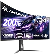 Amzfast 34 Inch UltraWide Curved Monitor 200Hz UWQHD 3440x1440 Gaming Monitor, 1ms G-SYNC Compati...