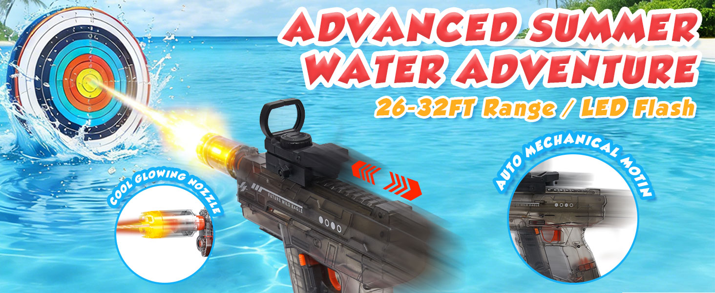 Nicojoy motorized water blaster with scope and LED lights for professional outdoor water battle.