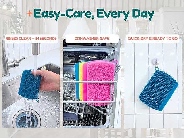 Easy care silicone scrubber rinses clean and dries fast
