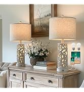 OYEARS Bedside Table Lamps Set of 2 with USB &amp; Night Light, 22'' Farmhouse Bedroom Lamps for Nigh...