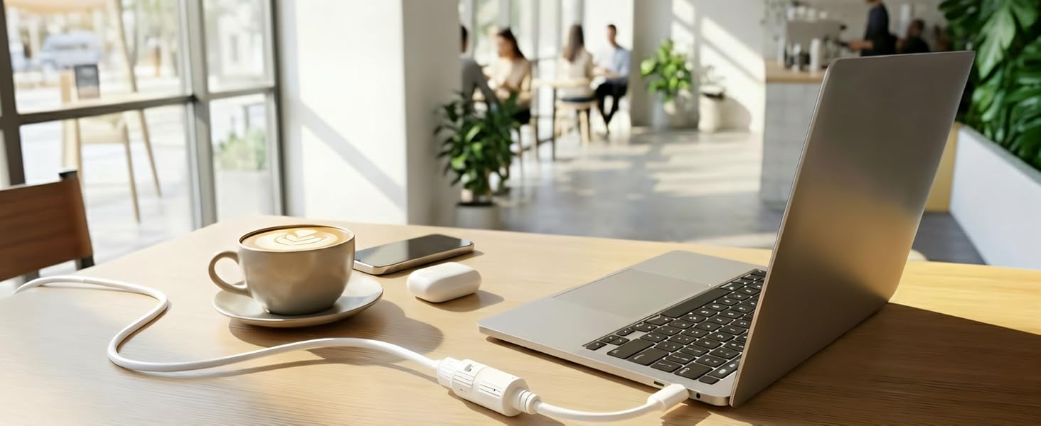 Workspace scene showing laptop, coffee cup, notebook, and pen on wooden desk near sunlit window with plants in background.