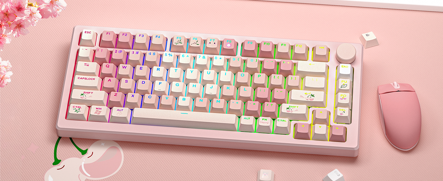 a gradient of pink hues and some have cute patterns on the keycaps