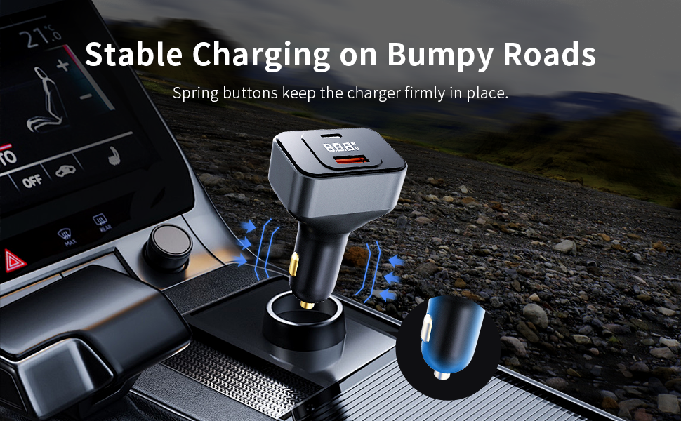 Text reads 'Stable Charging on Bumpy Roads'. Dark outdoor scenes showing illuminated device or charging interface.