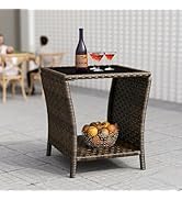 kinbor Outdoor Side Table - Tempered Glass Top Small Outdoor Wicker Table with Storage Shelf for ...