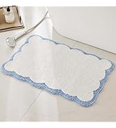 Luxury Microfiber Bathroom Rugs, White Bath Rug with Blue Scalloped Piping Cute Aesthetic Preppy ...