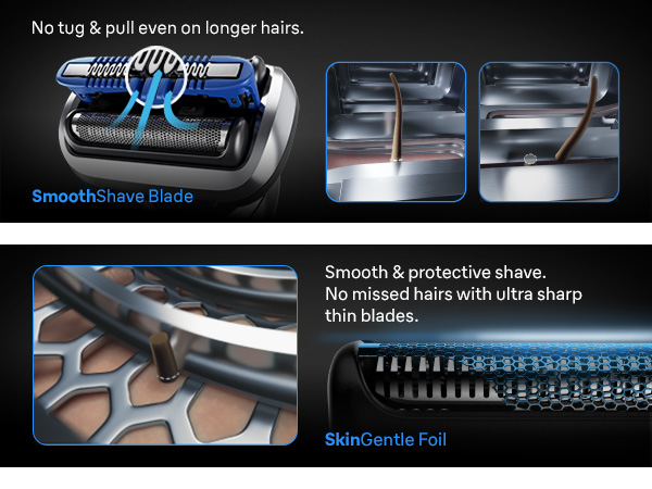Braun shaver blades cutting short hairs. SmoothShave Blade and SkinGentle Foil benefits are shown.