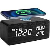 WAIGESEN Digital Wooden Alarm Clock with 10W Fast Wireless Charging,Three Levels Brightness,Weekd...