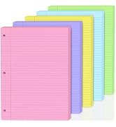 100 Sheets Colored 8x10.5 Inch Loose Leaf Paper, 5 Colored College Ruled 3 Hole Punched Notebook ...