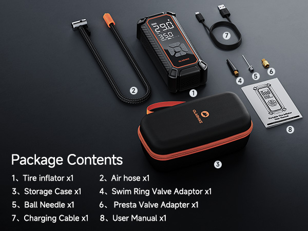 Package Contents 1 Tire inflator 1 Air hose 1 Storage Case 1 Swim Ring Valve Adaptor 1 Ball needle