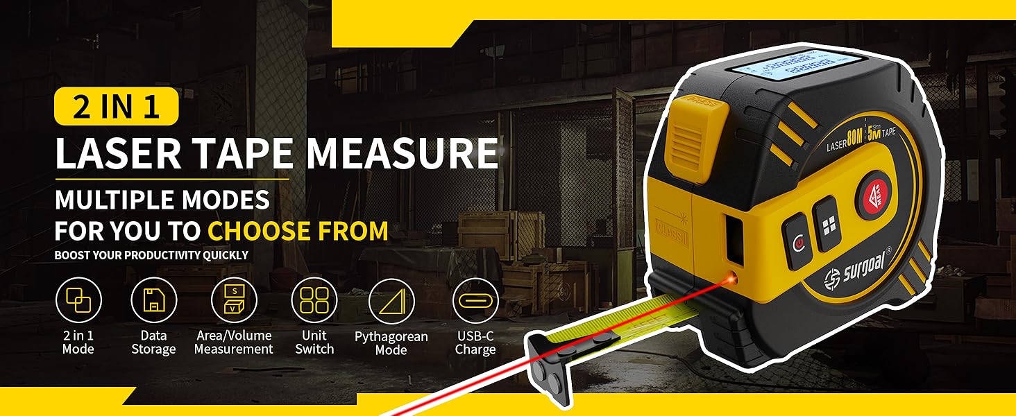 2-in-1 laser tape. Multi-mode, data storage, USB charge, area calculation.
