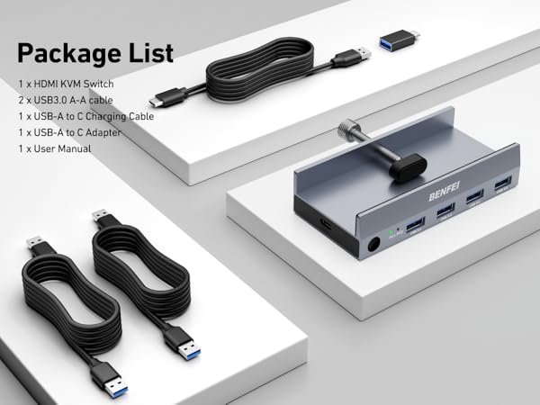 HDMI KVM switch package contents including cables, adapter, and user manual, displayed on white platforms.