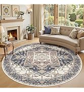 ELLIUNE 8ft Round Rug for Living Room: 8x8 Washable Vintage Blue Beige Area Rug, Large Non Slip S...