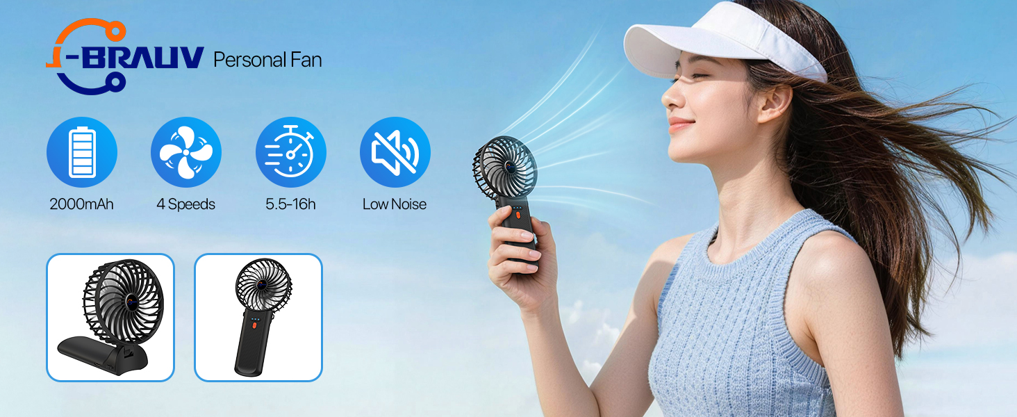 Text reads 'BRAUIV Personal Fan' with feature icons: '270°', 'Portable', '5.5-10h', 'Low Noise'. Woman in white visor holding black handheld personal fan, showcasing portable design and operation.
