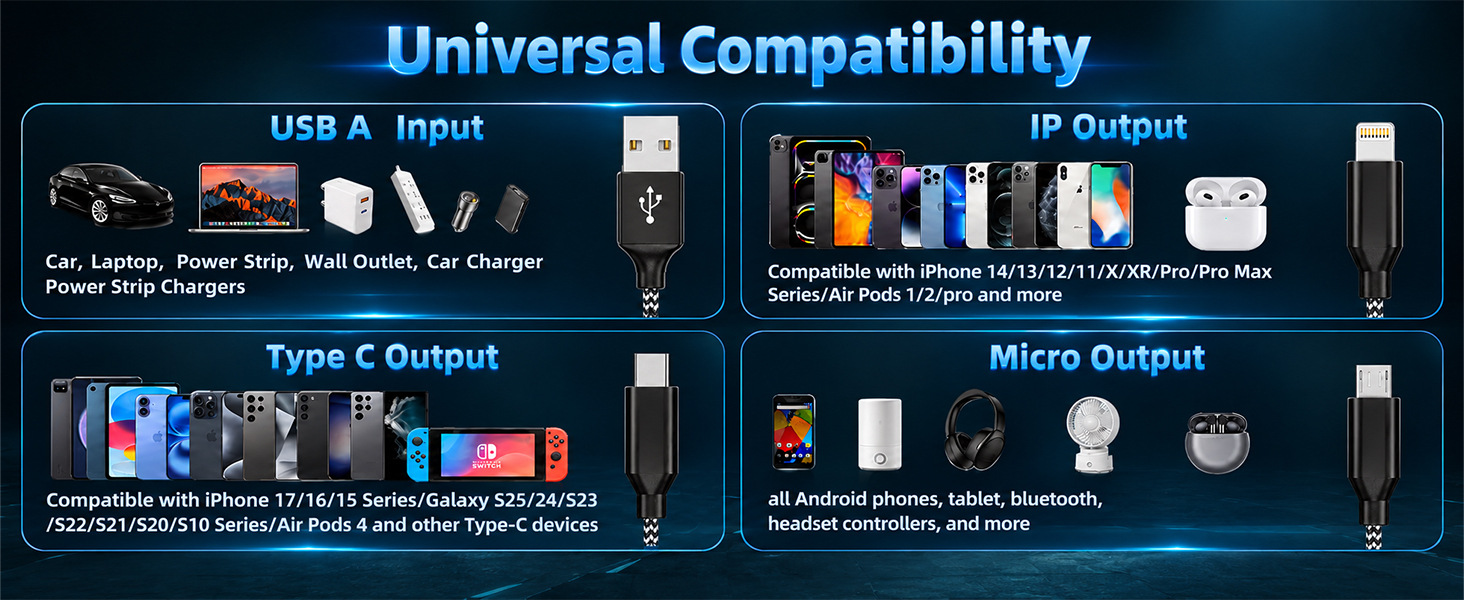 universal multi charging cable for iphone 17 16 15 series samsung galaxy and android phones