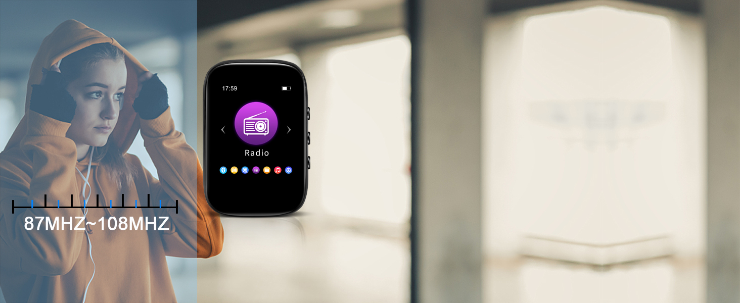 Smartwatch with round display showing purple music interface. Text overlay '87MHz - 108MHz' indicates FM radio functionality.