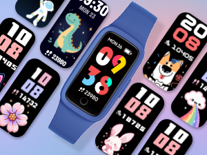 Multiple smartwatch displays showing various colorful app interfaces and watch faces against a purple-blue gradient background. Screens display fitness, messaging, and health tracking functions.