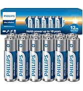 PHILIPS AA Batteries 12 Pack 1.5v Ultra Alkaline Double A Batteries, 10-Year Shelf Life, Ideal fo...