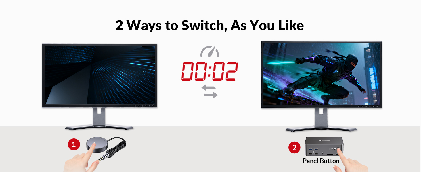 Text reads '2 Ways to Switch, As You Like' and '00:02'. Instructional diagram showing two different methods for switching or connecting electronic devices.