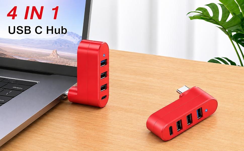 4-Port USB C Hub [90°/180° Degree Rotatable], USB C Adapter Splitter-Red