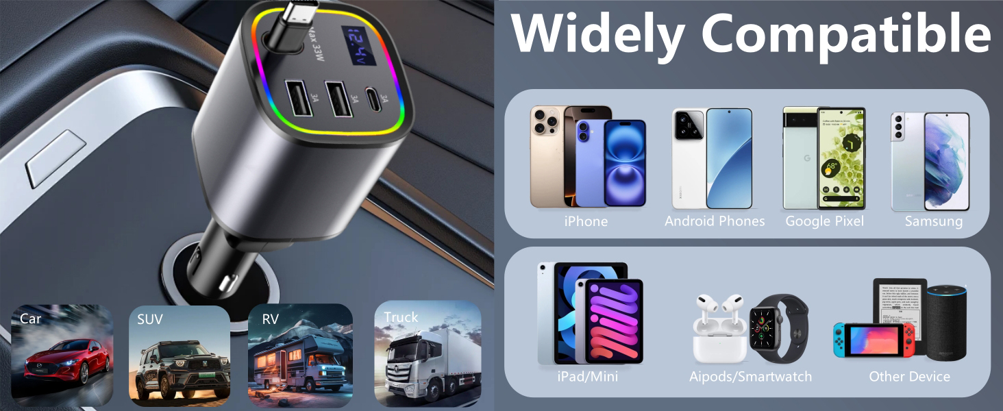 car charger usb c retractable car phone charger cigarette lighter plug in 4in1 fast car charger