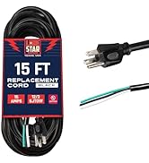 Lone Star 12 AWG Replacement Cord with Open End - 15 ft Power Cable for Appliances - 15 Amp, 12/3...