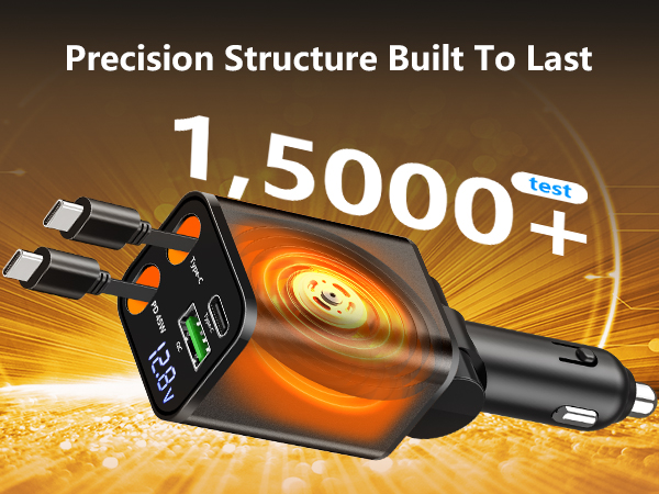 MFi Certified 120W 4-IN-1 Retractable Car Charger USB C PD/QC Type C Fast Charging Cigarette Light