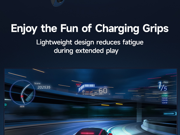 Text reads 'Enjoy the Fun of Charging Grips' and 'Lightweight design reduces fatigue during extended play'. Dark gaming-themed promotional images with illuminated elements.